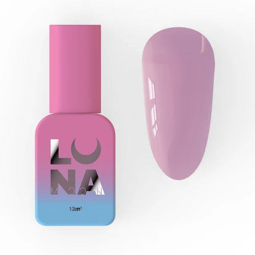 Pink and blue LUNA nail gel bottle with matching glossy light pink nail swatch