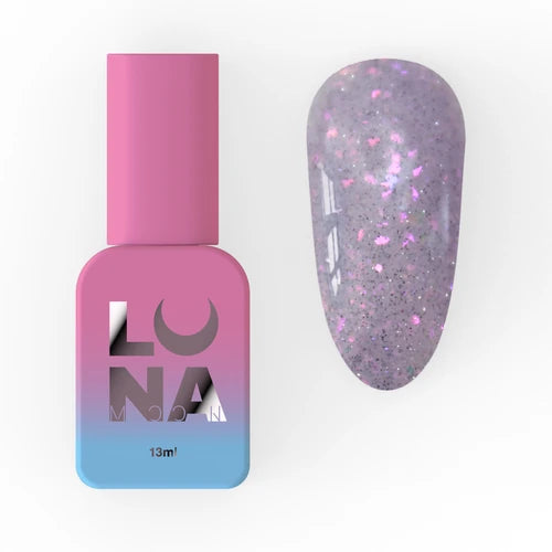 Pink and blue nail polish bottle with glittery purple gel polish swatch