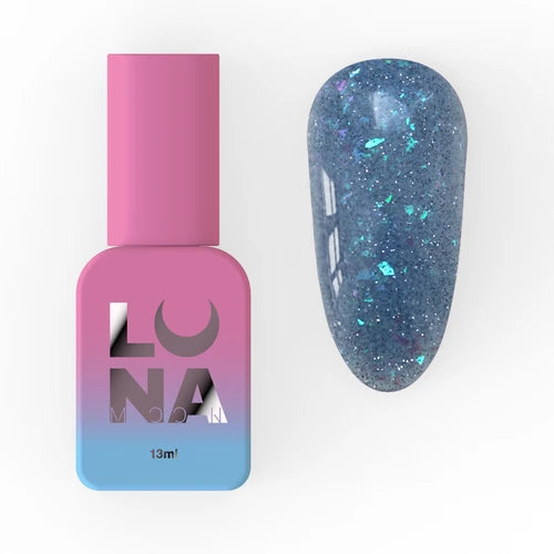 Blue glitter gel nail polish bottle with matching swatch featuring iridescent flakes