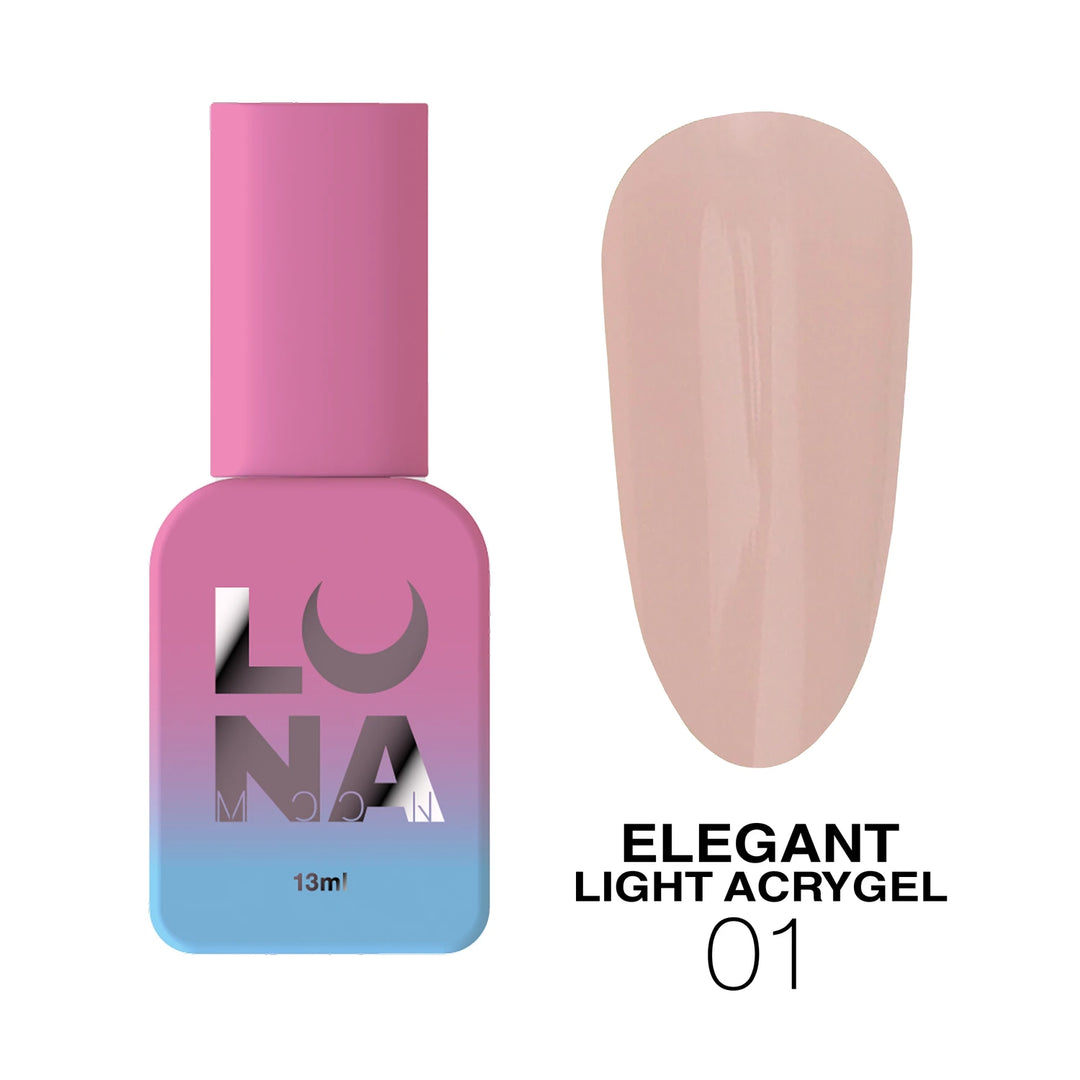 Luna Elegant Light Acrygel nail polish bottle with a sample of the gel color on a white background