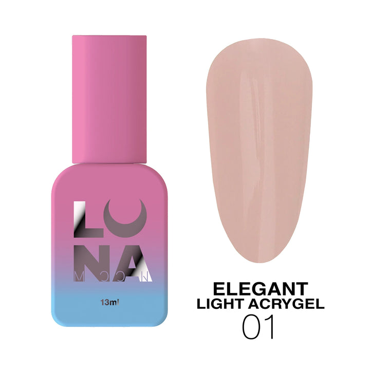 Luna Elegant Light Acrygel nail polish bottle with a sample of the gel color on a white background
