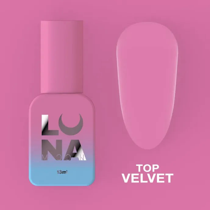 Pink velvet top coat nail polish bottle and swatch on pink background, 13ml size