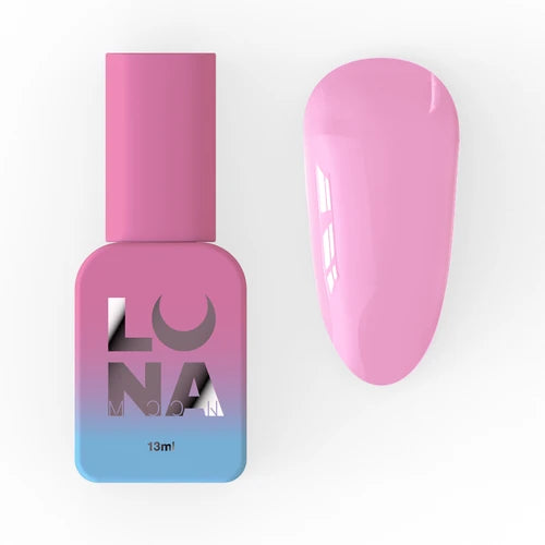 Pink gel nail polish bottle with matching nail swatch, perfect for manicures.