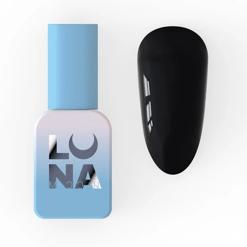 Black gel nail polish bottle with swatch, glossy finish, manicure product