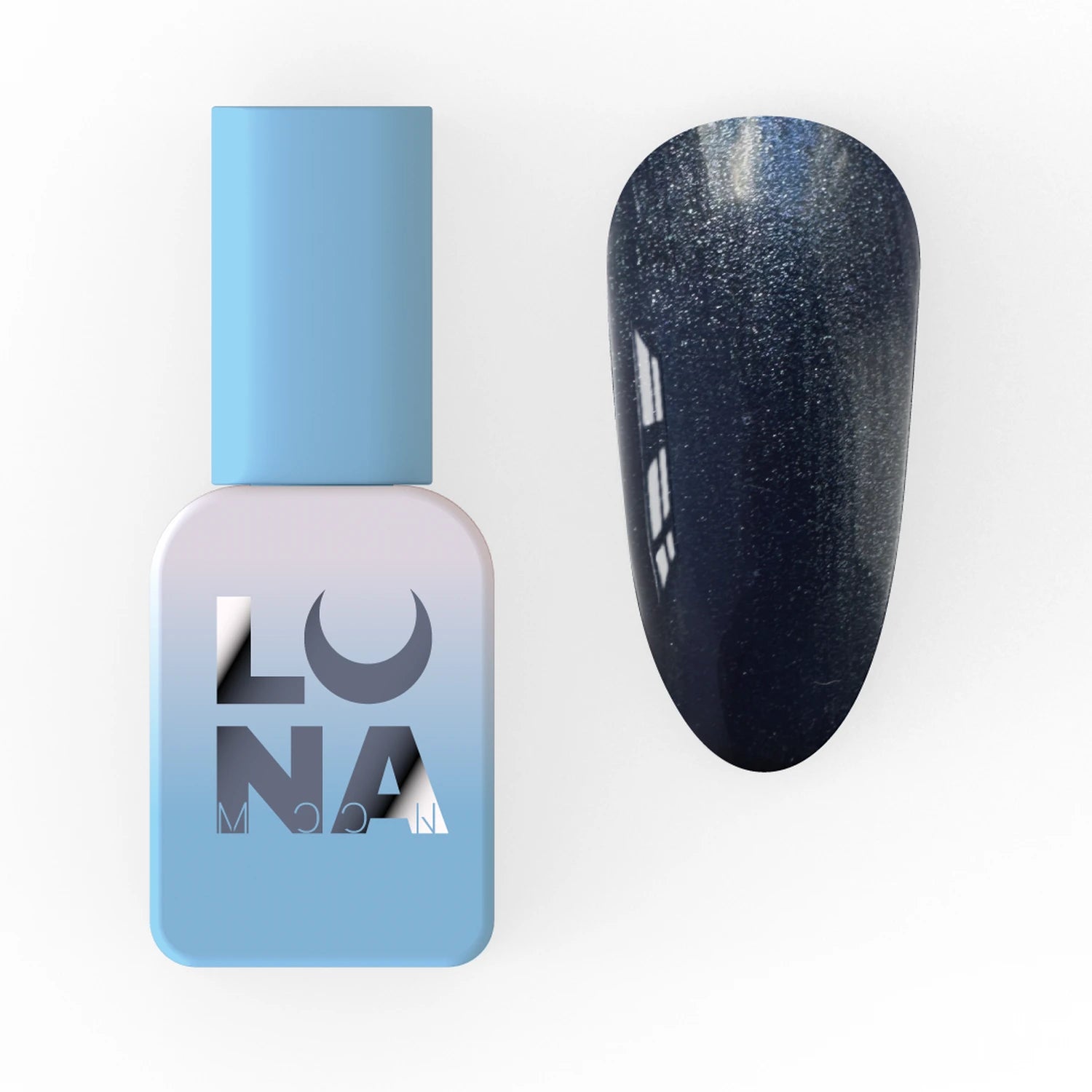 Shimmery dark blue gel nail polish bottle with matching painted nail swatch on white background