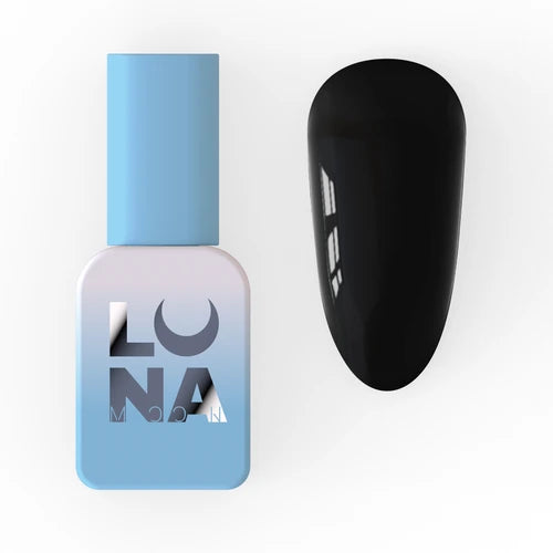 Glossy black gel nail polish sample with blue-capped bottle for manicures and nail art