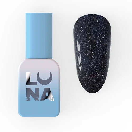Black glitter gel nail polish bottle with matching sparkly nail swatch on white background