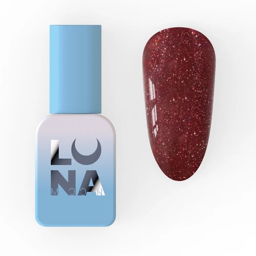 Red glitter gel nail polish bottle and swatch for manicure