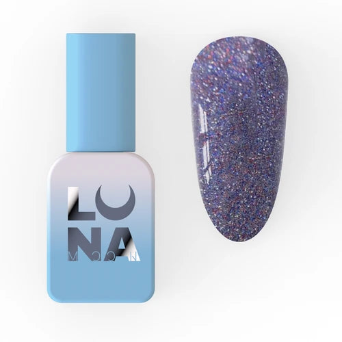 Bottle of blue gel nail polish next to swatch of glittery purple manicure