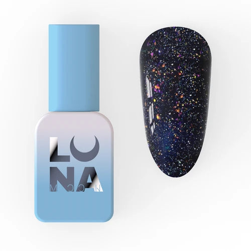 Blue nail polish bottle with dark glitter gel polish swatch for manicures or nail art
