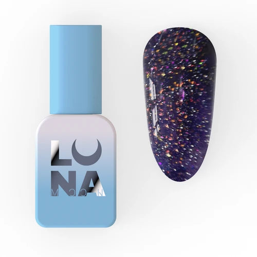 Purple glitter gel nail polish bottle with swatch showing multicolor sparkles