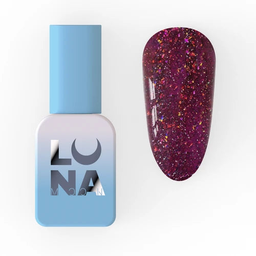 Purple glitter gel nail polish bottle with painted nail swatch for manicure
