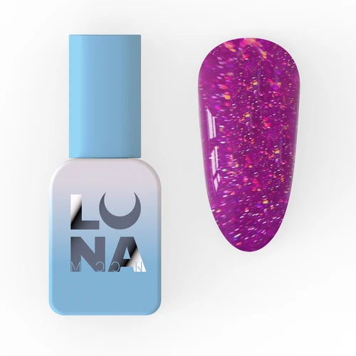Purple glitter gel nail polish bottle with matching swatch, professional manicure product