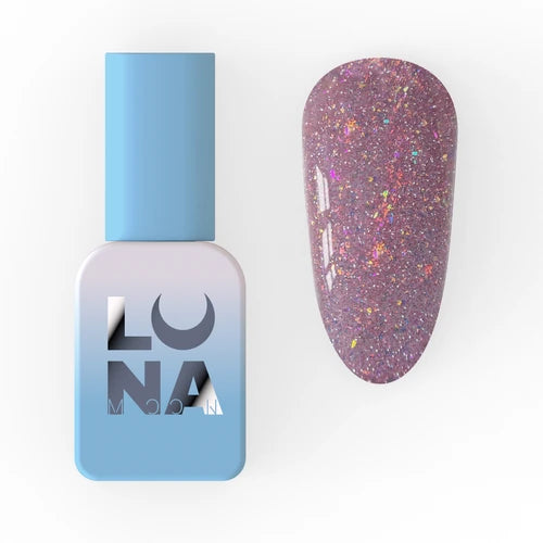 Iridescent glitter gel nail polish bottle and swatch in pale mauve shade