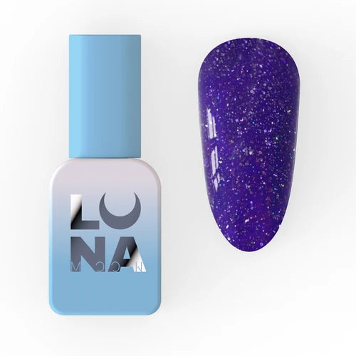 Purple glitter gel nail polish bottle with matching swatch, manicure product