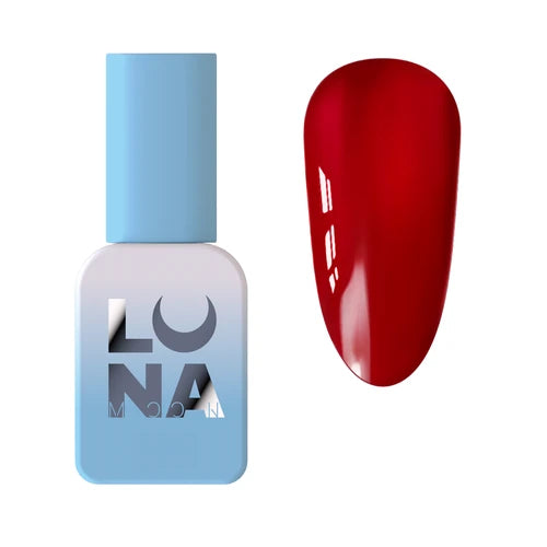 Red gel nail polish swatch and bottle with blue cap for manicure