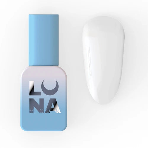White gel nail polish bottle with blue cap and white nail swatch for manicure