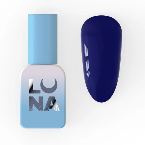 Deep navy blue gel nail polish bottle and matching swatch on white background