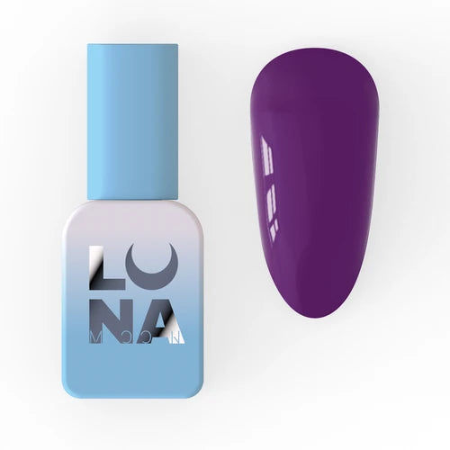 Purple gel nail polish bottle with matching glossy nail swatch for manicure