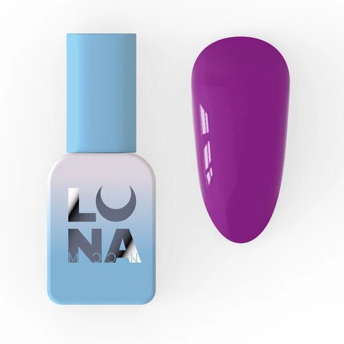 Purple gel nail polish bottle with matching purple nail swatch on white background