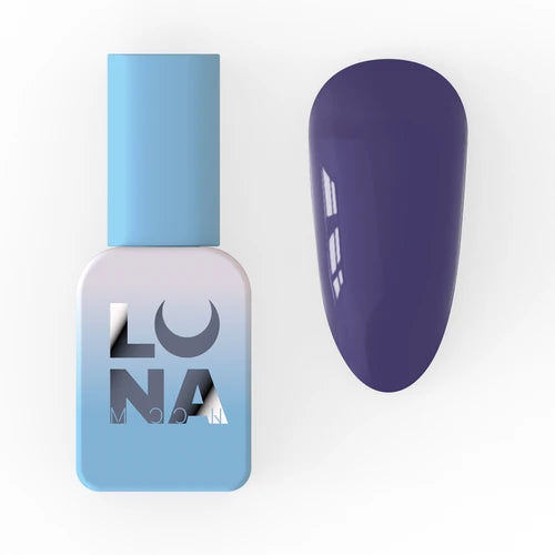 Purple gel nail polish bottle with matching color swatch for manicures