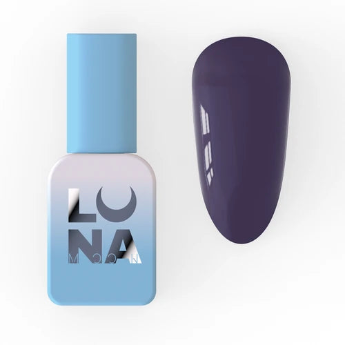 Purple gel nail polish bottle with matching dark violet nail color swatch