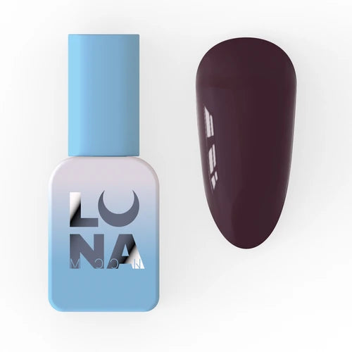 Dark burgundy gel nail polish bottle with matching color sample swatch for manicure