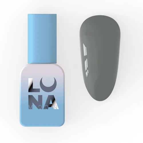 Gray gel nail polish bottle with blue cap and matching glossy nail swatch