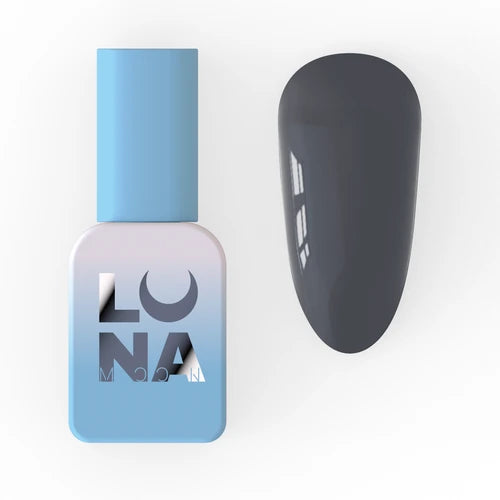 Gray UV gel nail polish bottle and matching painted nail sample on white background