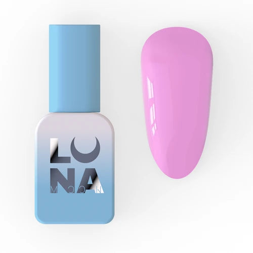 Light pink gel nail polish swatch with blue Luna bottle for manicure
