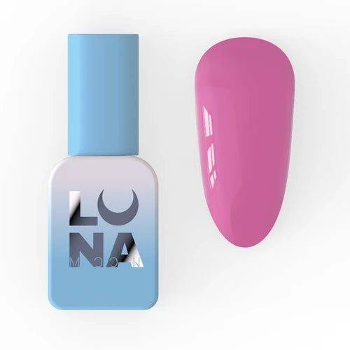Pink gel nail polish bottle with matching swatch on white background