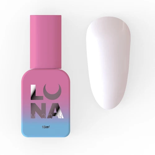 Pink and blue Luna nail polish bottle with a white gel polish nail swatch