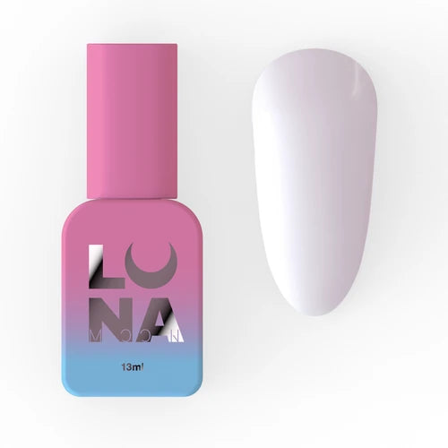 UV gel nail polish bottle with pink and blue gradient and a white nail swatch