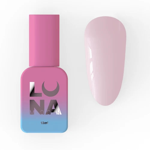 Pink gel nail polish bottle with blue gradient and a swatch of glossy pastel pink nail color