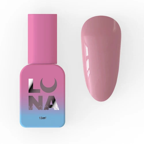 Pink gel nail polish bottle with matching oval nail sample on white background
