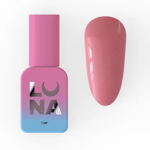 Pink UV gel nail polish bottle with matching painted nail swatch on white background
