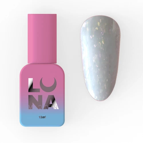 Iridescent UV gel polish bottle with pink and blue cap, shown with shimmering nail swatch