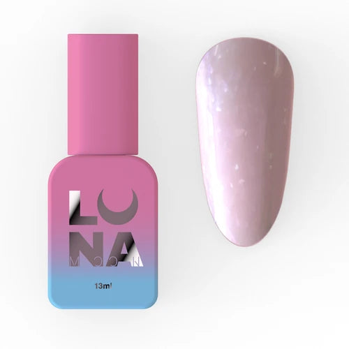 Pink and blue Luna gel nail polish bottle with iridescent nude manicure swatch