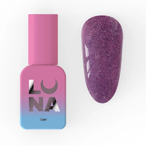 Purple glitter gel nail polish bottle with matching swatch, 13ml size, on white background