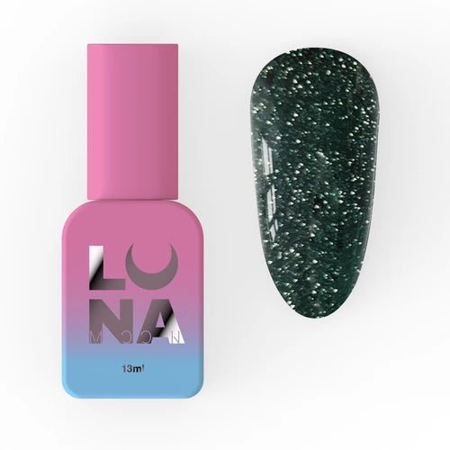 Pink and blue Luna gel polish bottle next to dark green glitter manicure swatch