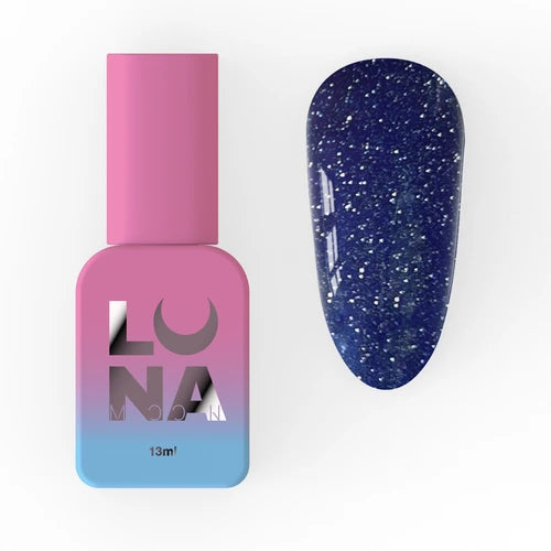 Blue glitter gel nail polish bottle with matching painted nail swatch on white background.