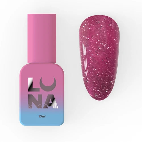 Pink glitter gel nail polish bottle with sample swatch for manicure