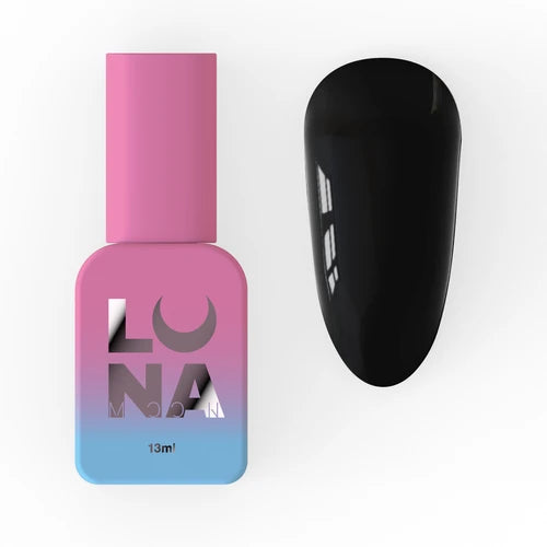 Black gel nail polish bottle with pink and blue label, next to glossy black nail swatch