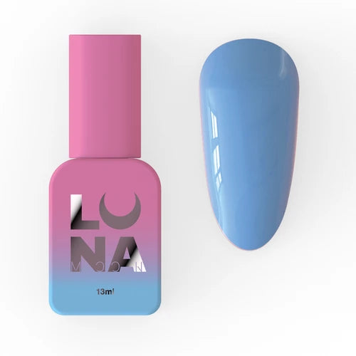 Blue UV gel nail polish bottle with matching glossy blue swatch for manicure
