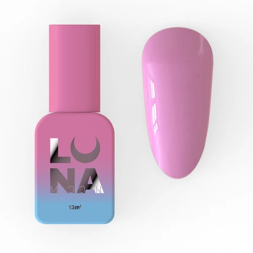 Pink gel nail polish bottle with matching glossy nail swatch on white background