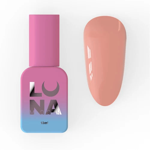 Peach nude gel nail polish bottle with matching nail swatch on white background