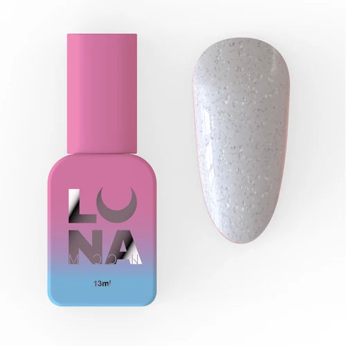 Pink and blue nail polish bottle with white speckled gel polish swatch