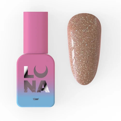 Pink and blue Luna nail polish bottle with brown glitter gel polish swatch