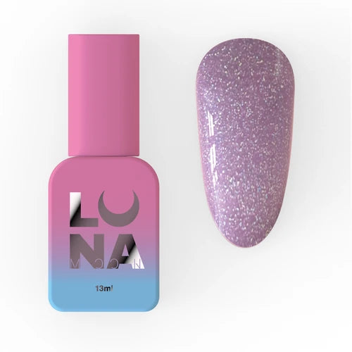 Pink and blue Luna nail polish bottle with a lavender glitter gel polish sample