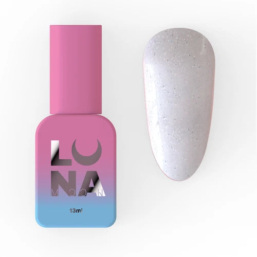 Pink and blue Luna nail polish bottle with sample swatch of shimmery light grey UV gel polish